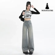 Wide Leg Jeans for Women High Waist Loose Slimming Frayed Hem Floor-Length Pants