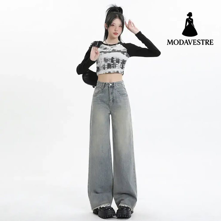 Wide Leg Jeans for Women High Waist Loose Slimming Frayed Hem Floor-Length Pants