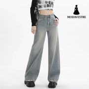 Wide Leg Jeans for Women High Waist Loose Slimming Frayed Hem Floor-Length Pants Retro Blue Long Pants / XS