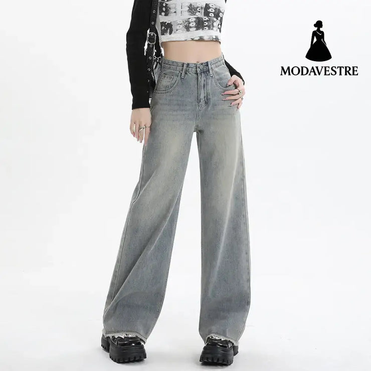 Wide Leg Jeans for Women High Waist Loose Slimming Frayed Hem Floor-Length Pants Retro Blue Long Pants / XS