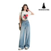 Wide Leg Jeans Women Spring New Retro High Waist Loose Straight Long Pants