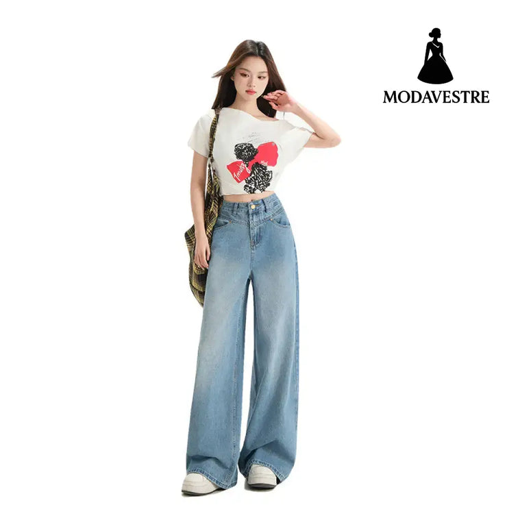Wide Leg Jeans Women Spring New Retro High Waist Loose Straight Long Pants