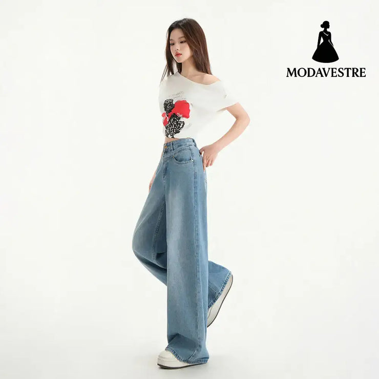 Wide Leg Jeans Women Spring New Retro High Waist Loose Straight Long Pants