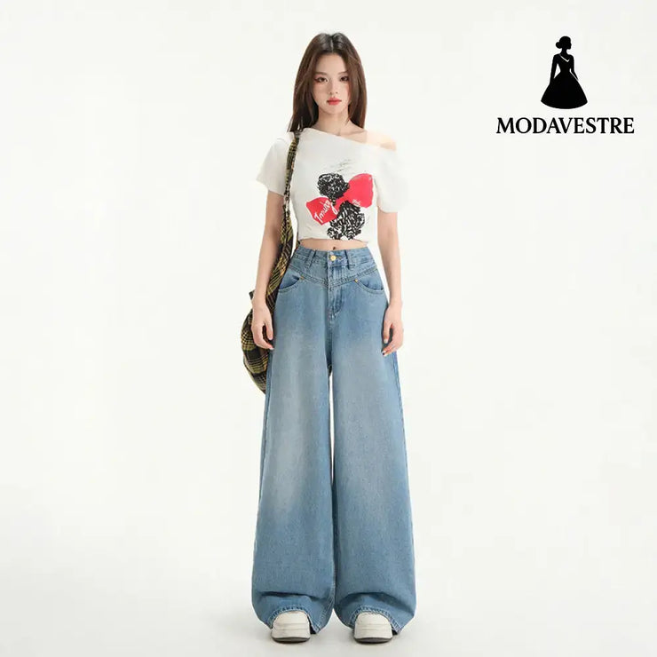 Wide Leg Jeans Women Spring New Retro High Waist Loose Straight Long Pants