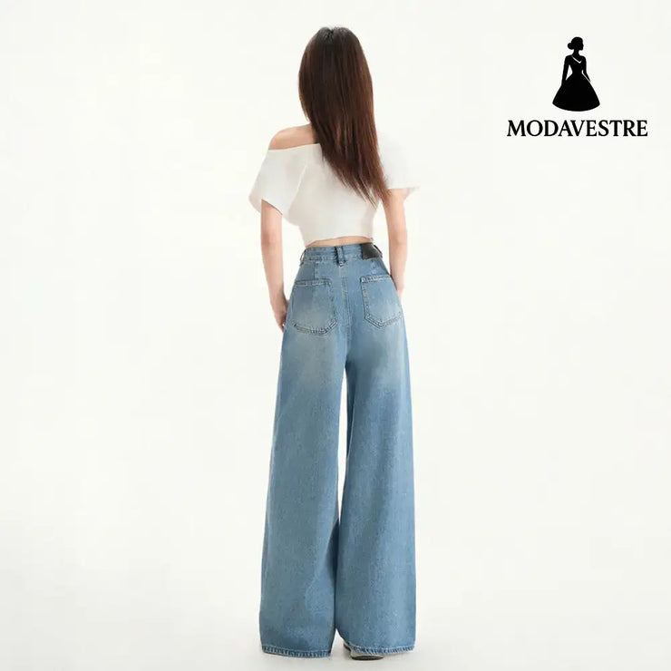 Wide Leg Jeans Women Spring New Retro High Waist Loose Straight Long Pants
