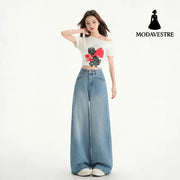 Wide Leg Jeans Women Spring New Retro High Waist Loose Straight Long Pants Teal Blue # Long Pants / XS