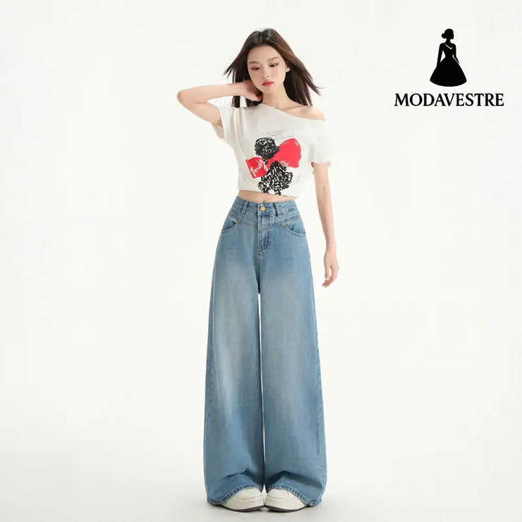 Wide Leg Jeans Women Spring New Retro High Waist Loose Straight Long Pants Teal Blue 