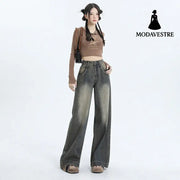 Wide-Leg Jeans Women’s New Washed High-Waisted Loose Distressed Straight Leg Floor-Length Pants