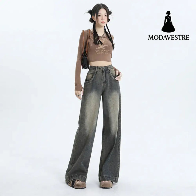 Wide-Leg Jeans Women’s New Washed High-Waisted Loose Distressed Straight Leg Floor-Length Pants