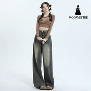 Wide-Leg Jeans Women’s New Washed High-Waisted Loose Distressed Straight Leg Floor-Length Pants