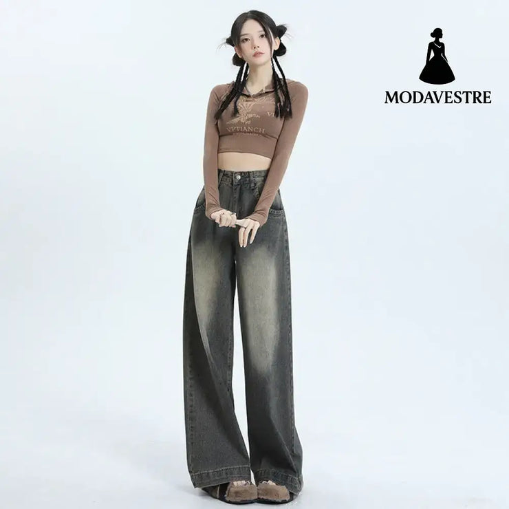 Wide-Leg Jeans Women’s New Washed High-Waisted Loose Distressed Straight Leg Floor-Length Pants