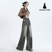 Wide-Leg Jeans Women’s New Washed High-Waisted Loose Distressed Straight Leg Floor-Length Pants