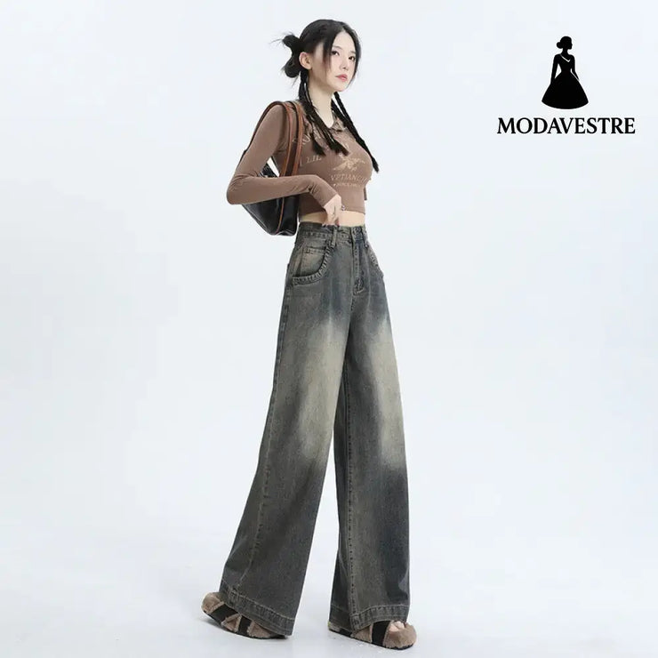 Wide-Leg Jeans Women’s New Washed High-Waisted Loose Distressed Straight Leg Floor-Length Pants