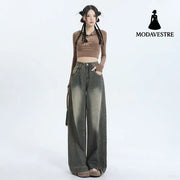 Wide-Leg Jeans Women’s New Washed High-Waisted Loose Distressed Straight Leg Floor-Length Pants