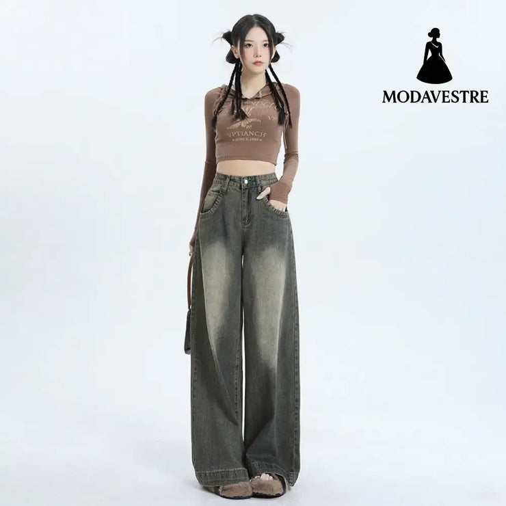 Wide-Leg Jeans Women’s New Washed High-Waisted Loose Distressed Straight Leg Floor-Length Pants