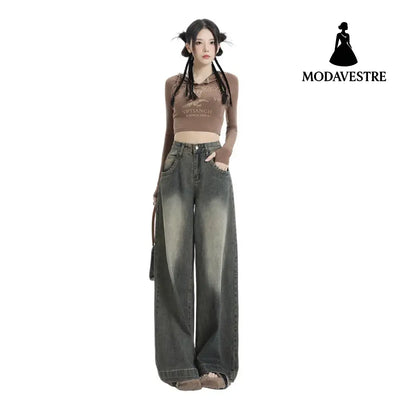 Wide-Leg Jeans Women’s New Washed High-Waisted Loose Distressed Straight Leg Floor-Length Pants