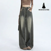 Wide-Leg Jeans Women’s New Washed High-Waisted Loose Distressed Straight Leg Floor-Length Pants Vintage Blue Long Pants
