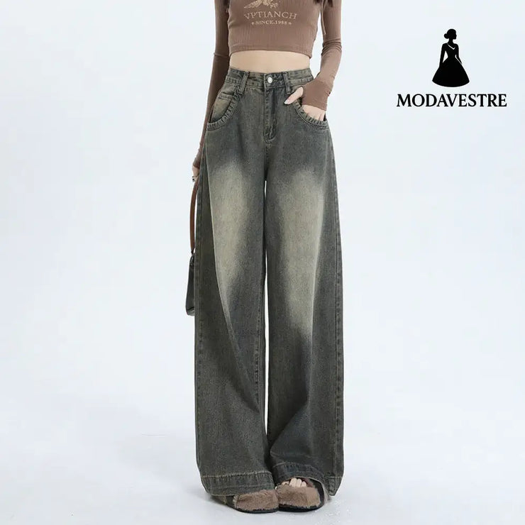 Wide-Leg Jeans Women’s New Washed High-Waisted Loose Distressed Straight Leg Floor-Length Pants Vintage Blue Long Pants