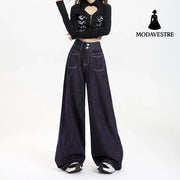 Wide-Leg Pants Simple and Versatile Slimming Straight Leg Floor-Length Pants for Women Denim Blue Long Pants / XS