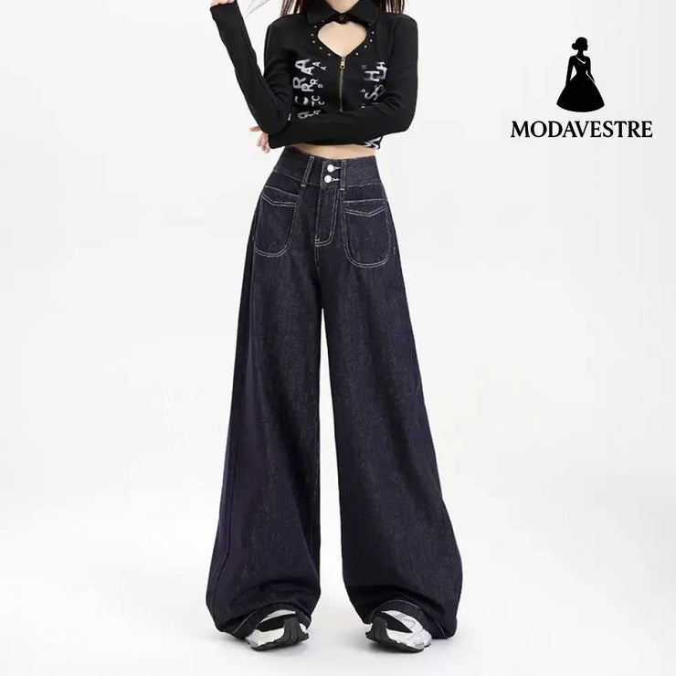 Wide-Leg Pants Simple and Versatile Slimming Straight Leg Floor-Length Pants for Women Denim Blue Long Pants / XS
