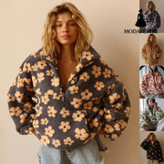 Winter Flowers Lambskin Sweatshirt With Big Pocket Casual Loose Zip-up Lapel Pullover Top Women’s Clothing