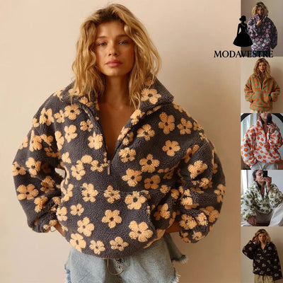 Winter Flowers Lambskin Sweatshirt With Big Pocket Casual Loose Zip-up Lapel Pullover Top Women’s Clothing