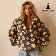 Winter Flowers Lambskin Sweatshirt With Big Pocket Casual Loose Zip-up Lapel Pullover Top Women’s Clothing