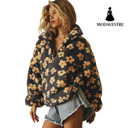 Winter Flowers Lambskin Sweatshirt With Big Pocket Casual Loose Zip-up Lapel Pullover Top Women’s Clothing