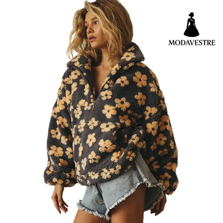 Winter Flowers Lambskin Sweatshirt With Big Pocket Casual Loose Zip-up Lapel Pullover Top Women’s Clothing