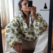 Winter Flowers Lambskin Sweatshirt With Big Pocket Casual Loose Zip-up Lapel Pullover Top Women’s Clothing