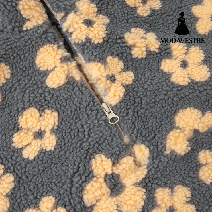 Winter Flowers Lambskin Sweatshirt With Big Pocket Casual Loose Zip-up Lapel Pullover Top Women’s Clothing