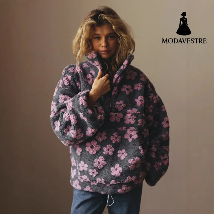 Winter Flowers Lambskin Sweatshirt With Big Pocket Casual Loose Zip-up Lapel Pullover Top Women’s Clothing