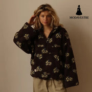 Winter Flowers Lambskin Sweatshirt With Big Pocket Casual Loose Zip-up Lapel Pullover Top Women’s Clothing Coffee Color