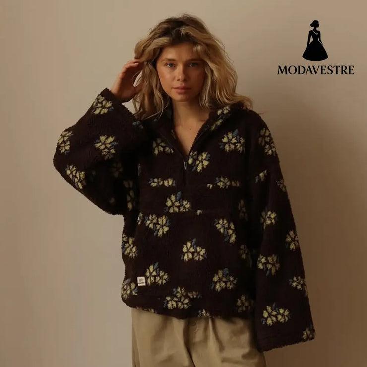 Winter Flowers Lambskin Sweatshirt With Big Pocket Casual Loose Zip-up Lapel Pullover Top Women’s Clothing Coffee Color