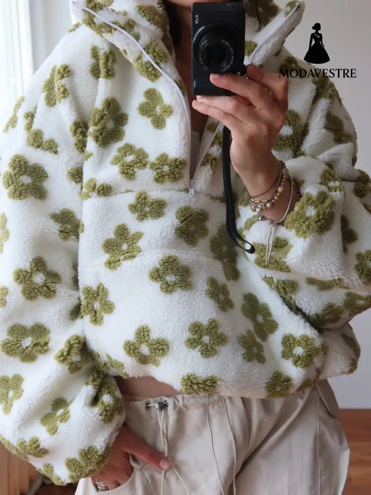 Winter Flowers Lambskin Sweatshirt With Big Pocket Casual Loose Zip-up Lapel Pullover Top Women’s Clothing Green / L