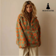 Winter Flowers Lambskin Sweatshirt With Big Pocket Casual Loose Zip-up Lapel Pullover Top Women’s Clothing No 2color