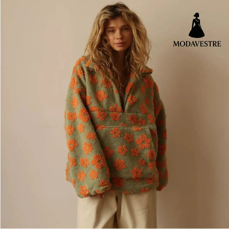 Winter Flowers Lambskin Sweatshirt With Big Pocket Casual Loose Zip-up Lapel Pullover Top Women’s Clothing No 2color