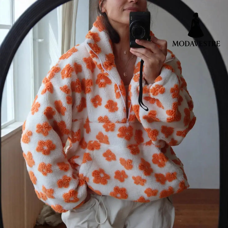 Winter Flowers Lambskin Sweatshirt With Big Pocket Casual Loose Zip-up Lapel Pullover Top Women’s Clothing Orange / L