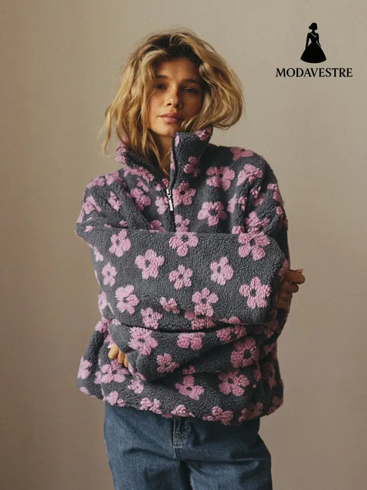 Winter Flowers Lambskin Sweatshirt With Big Pocket Casual Loose Zip-up Lapel Pullover Top Women’s Clothing Pink / 2XL