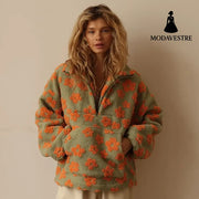 Winter Flowers Lambskin Sweatshirt With Big Pocket Casual Loose Zip-up Lapel Pullover Top Women’s Clothing Yellow Green