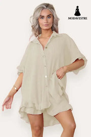 Women Casual Oversized Gold Button Pleated Frilled Ruffle Short Sleeves Shirt Top And Short Co Ord Set