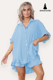 Women Casual Oversized Gold Button Pleated Frilled Ruffle Short Sleeves Shirt Top And Short Co Ord Set Baby Blue / One