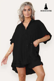Women Casual Oversized Gold Button Pleated Frilled Ruffle Short Sleeves Shirt Top And Short Co Ord Set Black / One Size