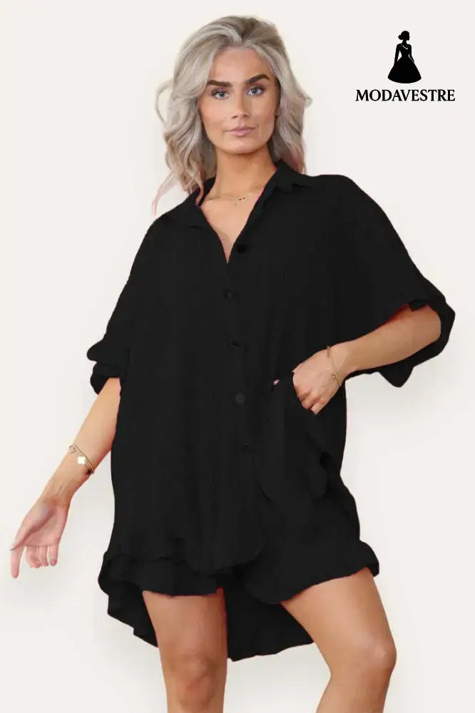 Women Casual Oversized Gold Button Pleated Frilled Ruffle Short Sleeves Shirt Top And Short Co Ord Set Black / One Size