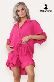 Women Casual Oversized Gold Button Pleated Frilled Ruffle Short Sleeves Shirt Top And Short Co Ord Set Hot Pink / One