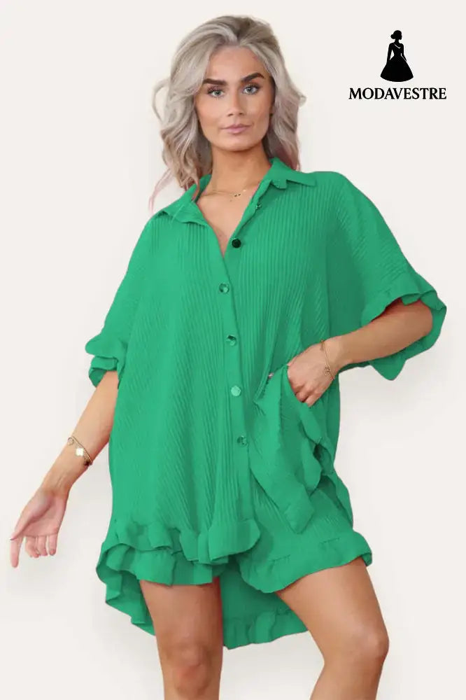 Women Casual Oversized Gold Button Pleated Frilled Ruffle Short Sleeves Shirt Top And Short Co Ord Set Jade Green / One