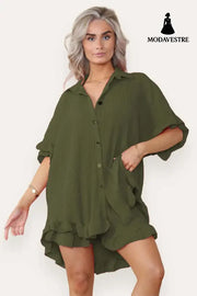 Women Casual Oversized Gold Button Pleated Frilled Ruffle Short Sleeves Shirt Top And Short Co Ord Set Khaki / One Size