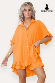 Women Casual Oversized Gold Button Pleated Frilled Ruffle Short Sleeves Shirt Top And Short Co Ord Set Orange / One