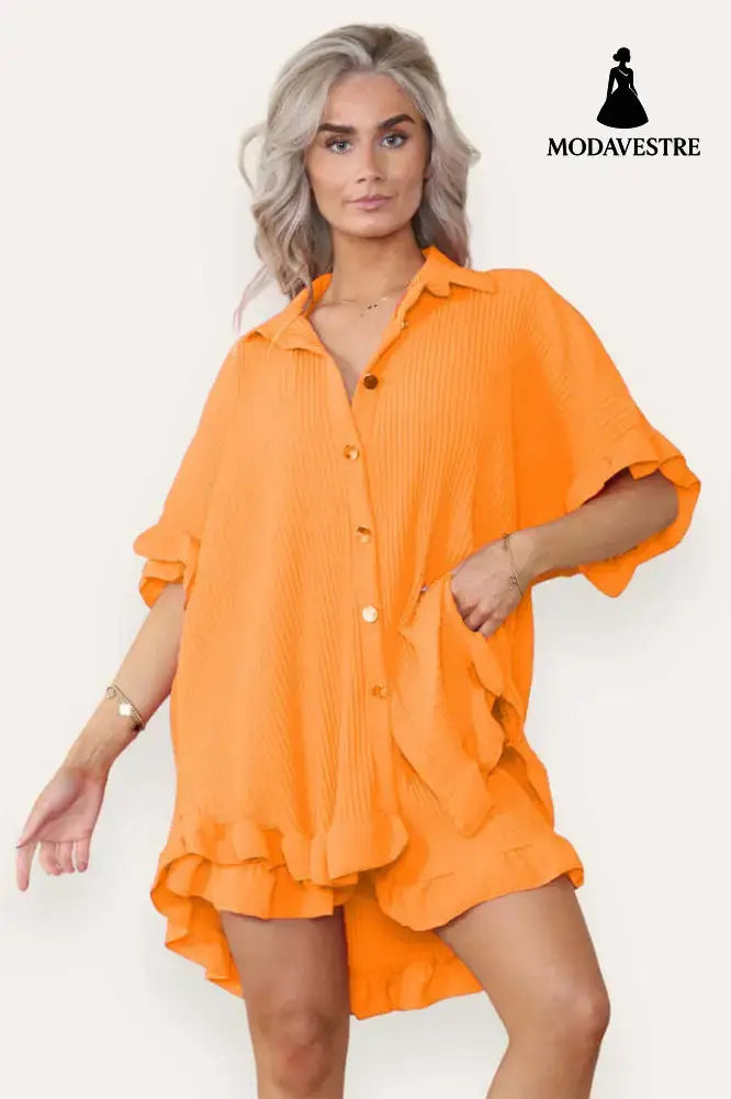 Women Casual Oversized Gold Button Pleated Frilled Ruffle Short Sleeves Shirt Top And Short Co Ord Set Orange / One