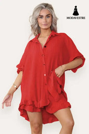 Women Casual Oversized Gold Button Pleated Frilled Ruffle Short Sleeves Shirt Top And Short Co Ord Set Red / One Size